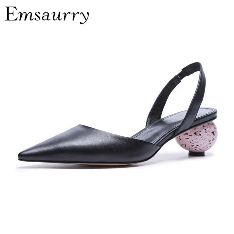 

Unique Egg Heel Sandals Back Strap Pointed Toe Black Leather Slingbacks Runway Summer Shoes Woman
