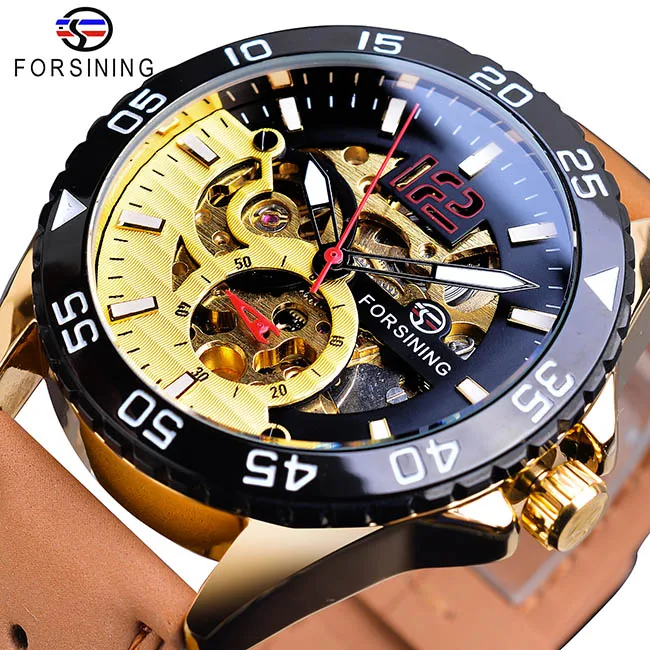 Forsining Creative Mechanical Sport Watches Men's Automatic Half Color Dial Brown Leather Band Racing Outdoor Watch Reloj Hombre_voghion.com