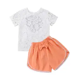 Детская Костюмы Одежда для маленьких девочек спинки цветочные кружева топы Блумер брюки комплект летней одежды 2 шт