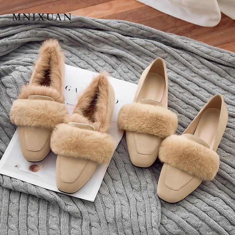 

MNIXUAN Handmade warm plush rabbit fur loafers flat women shoes winter leather sheepskin square toe solid office shoes big size