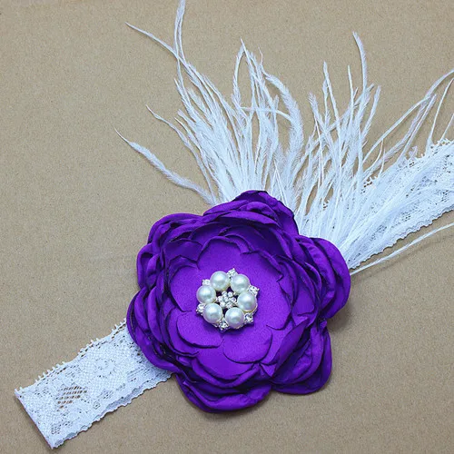 Ручной работы свадебные атласный цветок розы аксессуары для волос для девочек с жемчугом и повязка на голову с перьями Luxe головная повязка, аксессуары для волос - Цвет: Фиолетовый