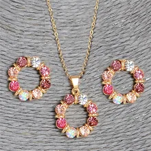 Crystal Necklace Earring Jewelry-Sets Pink Gold-Color Sweet Women Austrian Round Hesiod