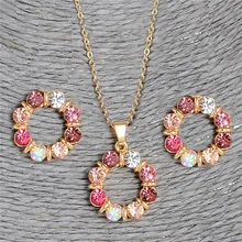 Crystal Necklace Earring Jewelry-Sets Pink Gold-Color Women Round Sweet Hesiod Austrian