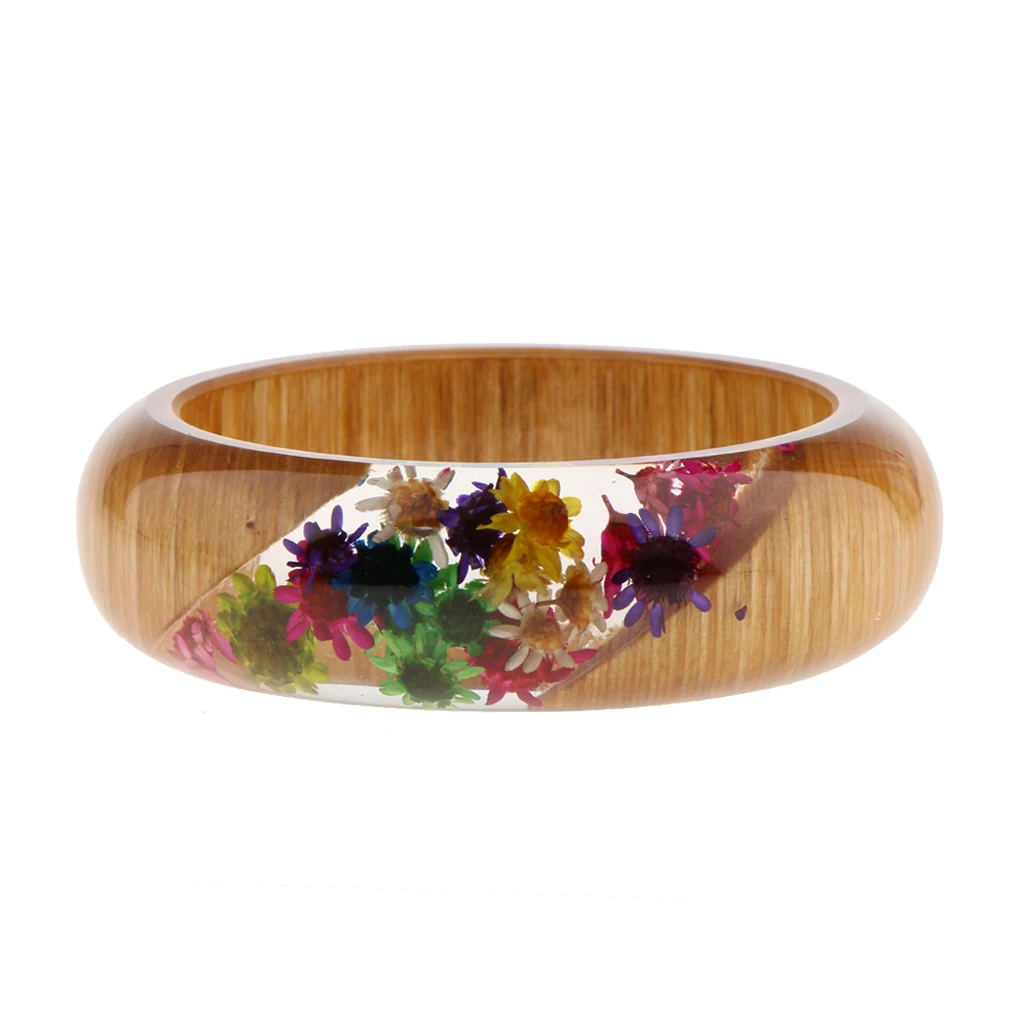 Clear Dried Flowers Incased Resin Charms Wooden Bracelet Bangle Women Girls Bohemian Jewelry Fashion
