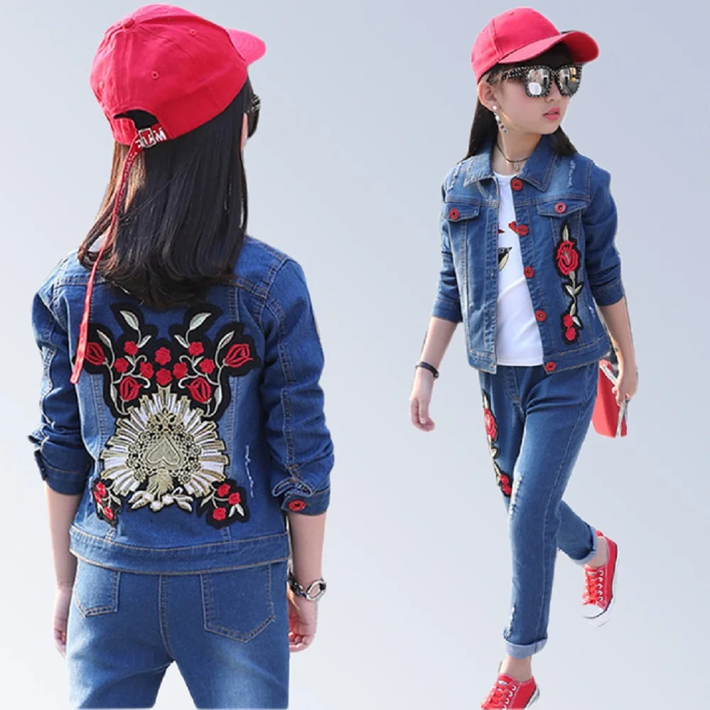 

Teen Girl Boys Clothes Sport Clothing Set Denim Jacket + Jeans 2pcs Flower Fashion Cotton Casual Outfits for 6 8 10 12 14 Years