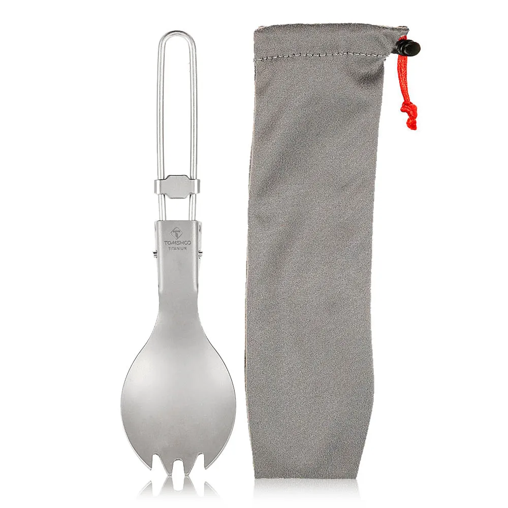 Outdoor Camping Tableware Titanium Spoon Fork 2-in-1 Folding Spork Hiking Backpacking Dinner Spork Utensil Spoon Fork TOMSHOO