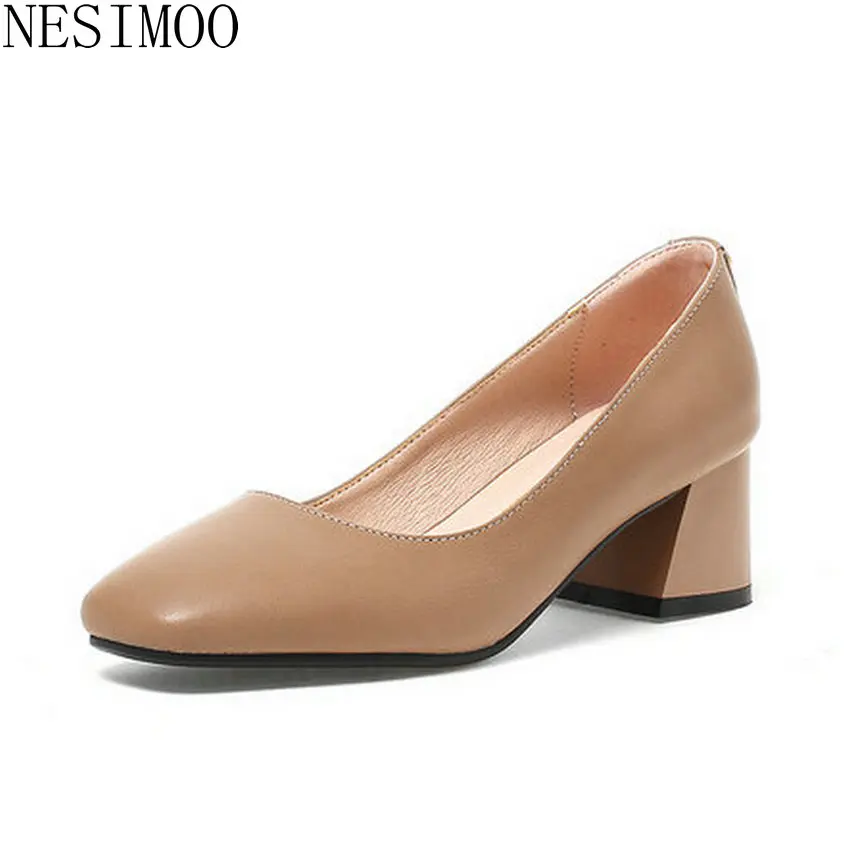 

NESIMOO 2019 Fashion Solid Square High Heel Basic Square Toe Spring Autumn Casual All Match Shallow Single Shoes Big Size 34-43