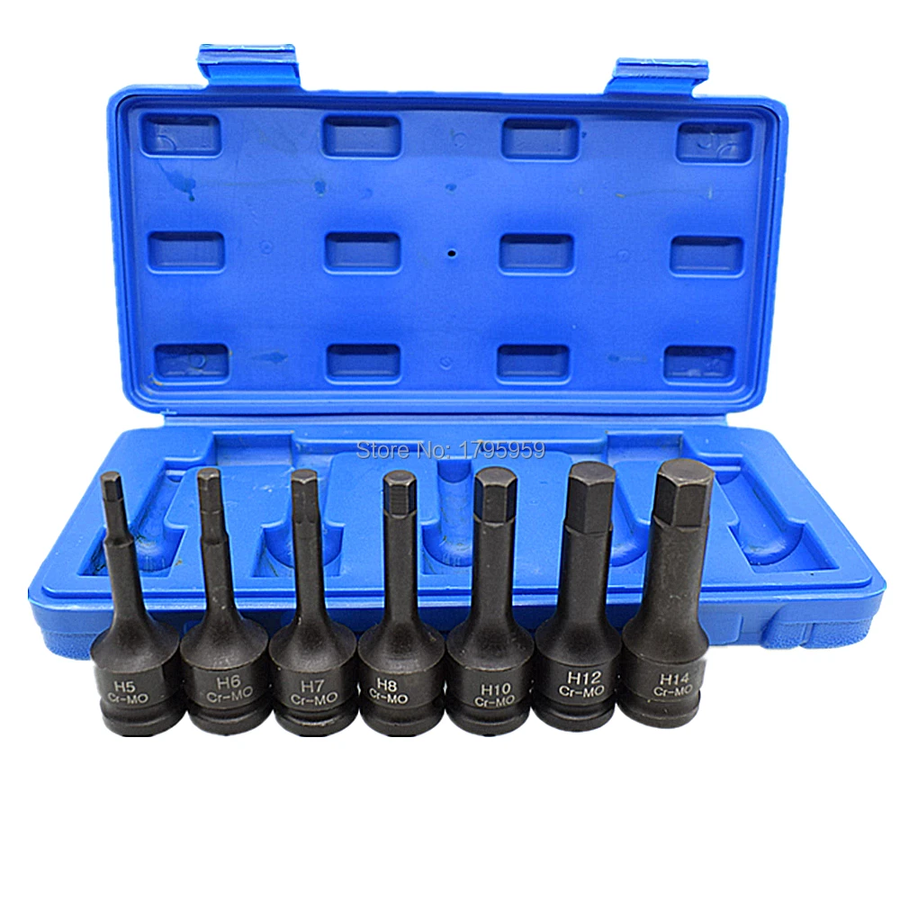 

1/2" Square Drive Impact Socket H5 H6 H7 H8 H10 H12 H14 (5mm-14mm) Cr-Mo Metric Allen Bit 78mm Long 7 Piece Hex Key Socket Set