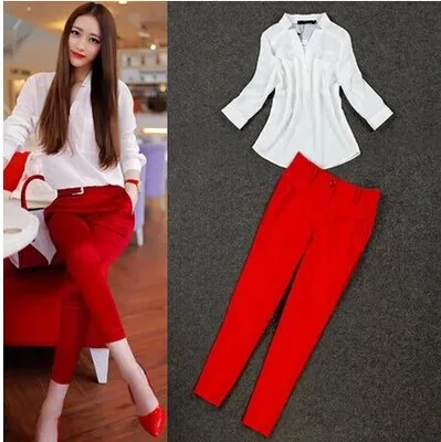 Best Offers 2017 New Women Summer Suits Blouse shirt Two-piece suit brands loose V-Neck chiffon shirt tight ankle pants women sets with Belt Best Offers 2017 New Women Summer Suits Blouse shirt Two-piece suit brands loose V-Neck chiffon shirt tight ankle pants women sets with Belt