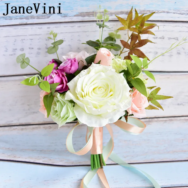 JaneVini 2018 искусственная подружки невесты букеты Жених цветок Диаметр 20 см Шампанское для девочек в цветочек букеты Bruidsboeket Розе