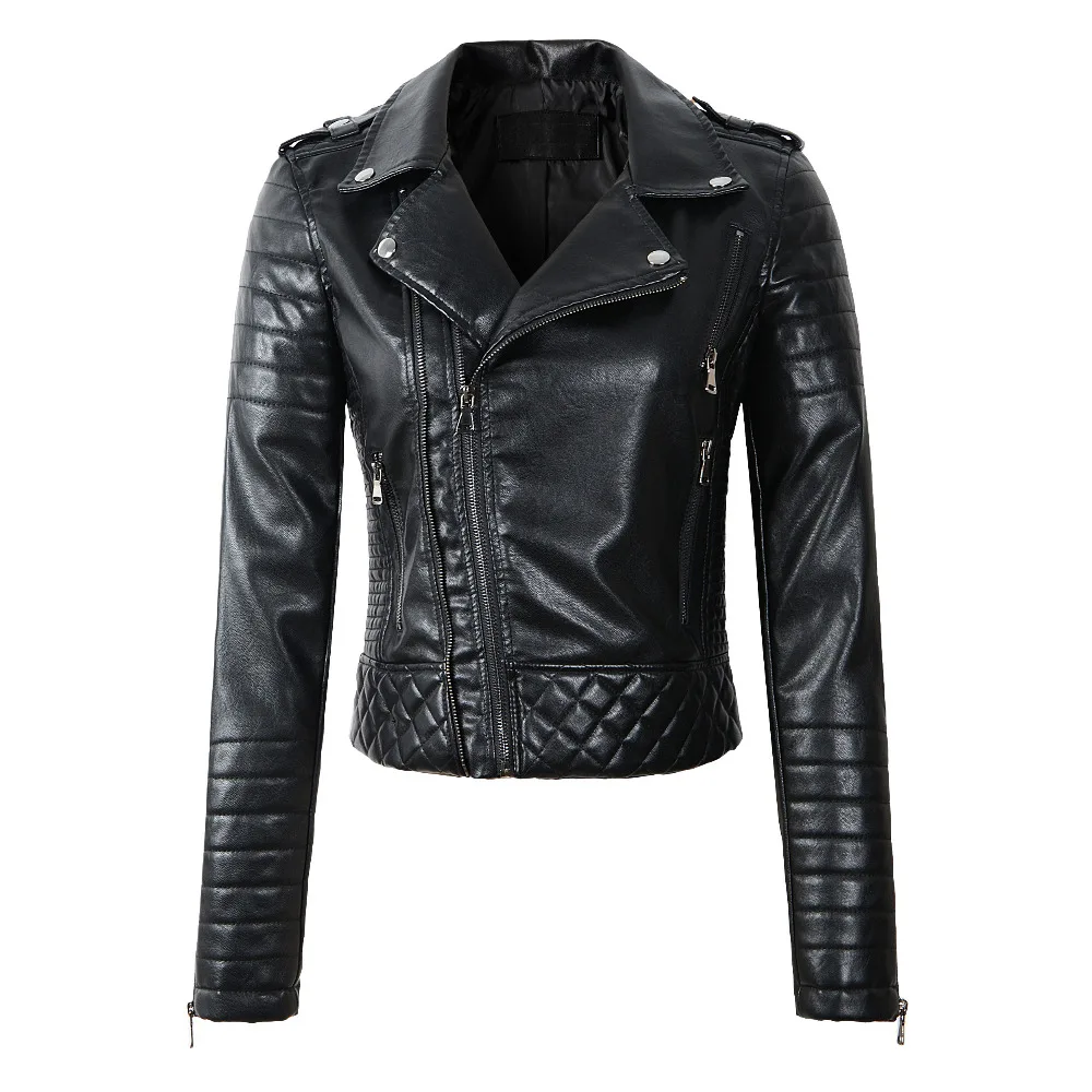 2020 New Fashion Women Soft Faux Leather PU Jackets and Coats Lady Motorcyle Zippers Biker Black Spliced Street Outerwear