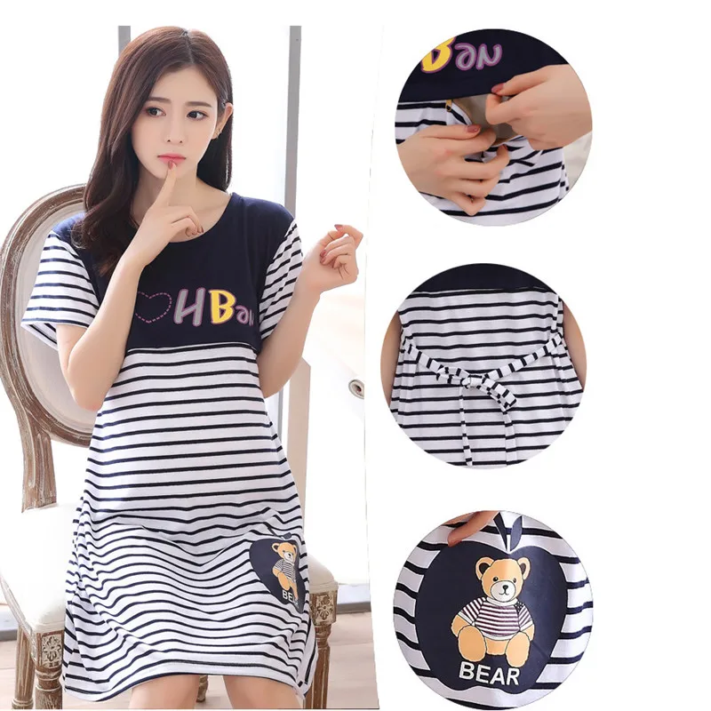 Summer Striped Maternity Pajamas Pregnant Women Feeding Dress Short Sleeve Casual Expectant Mother Clothing with Belt Loose 