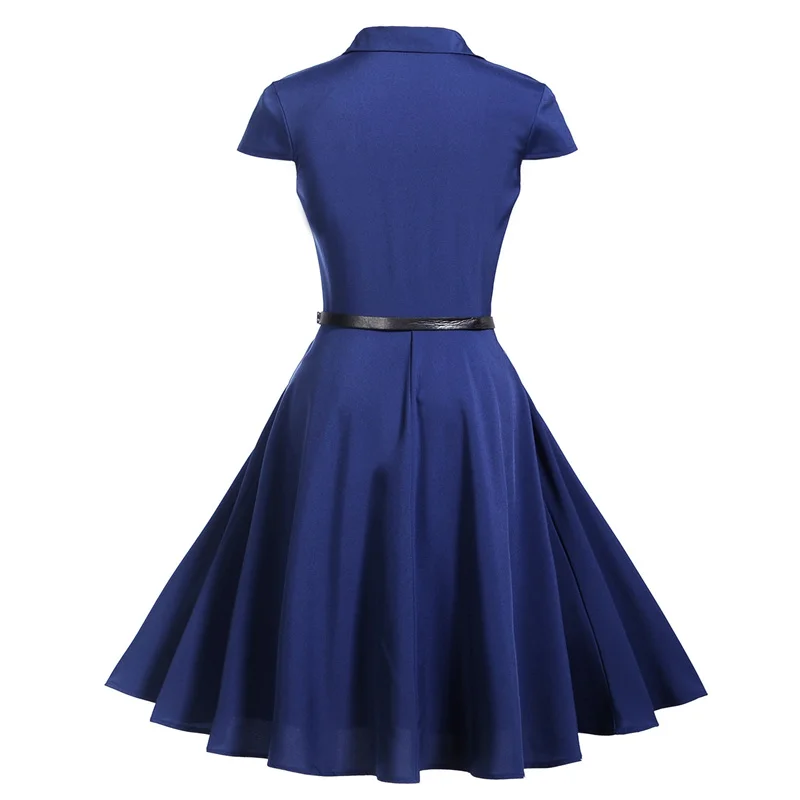 Kostlich Turn-down Collar Solid Color Dresses Hepburn Vintage Short Sleeve Dress Women Big Swing Dress S-2XL With Sashes (20)