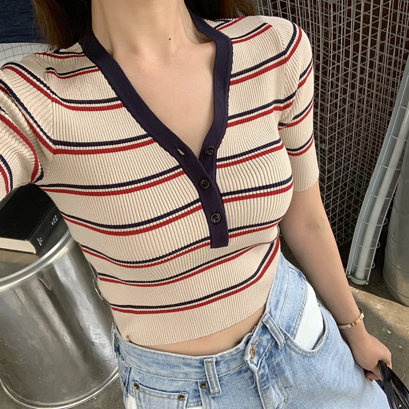 

2019 summer classic stripe short sleeve t shirts womens knitted tops tee shirt femme (R4483)