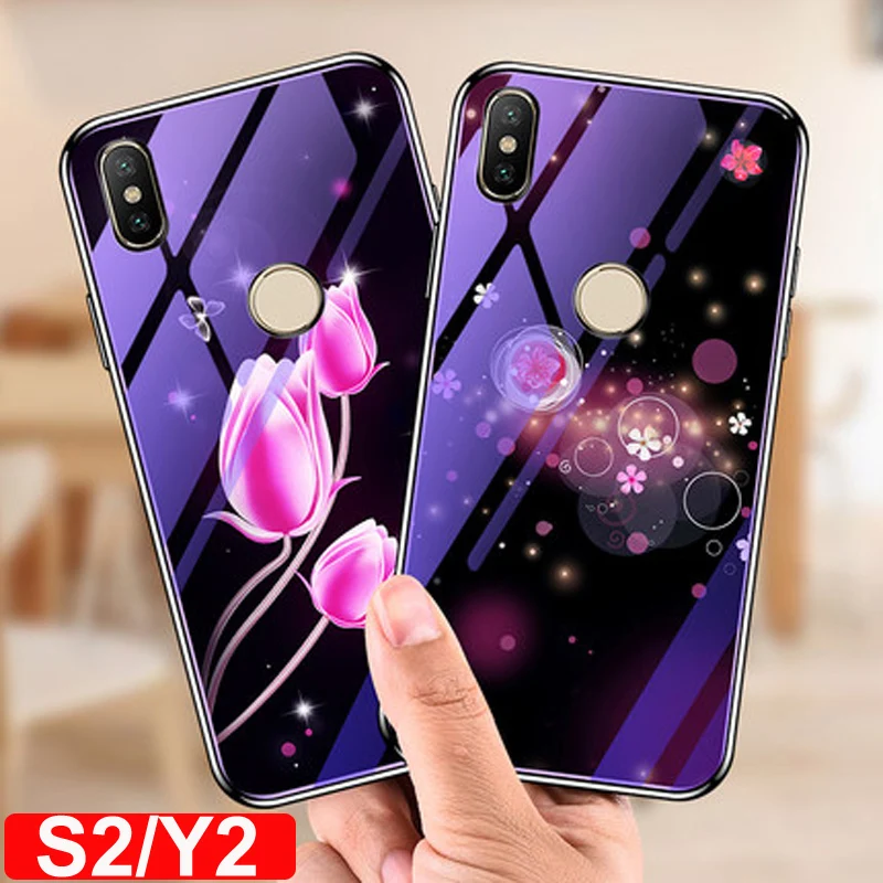 5.99&quot Cover For xiaomi redmi S2 Y2 case flower blue Tempered Glass back cover redmiS2 phone cases redmiY2 protective casing | Мобильные
