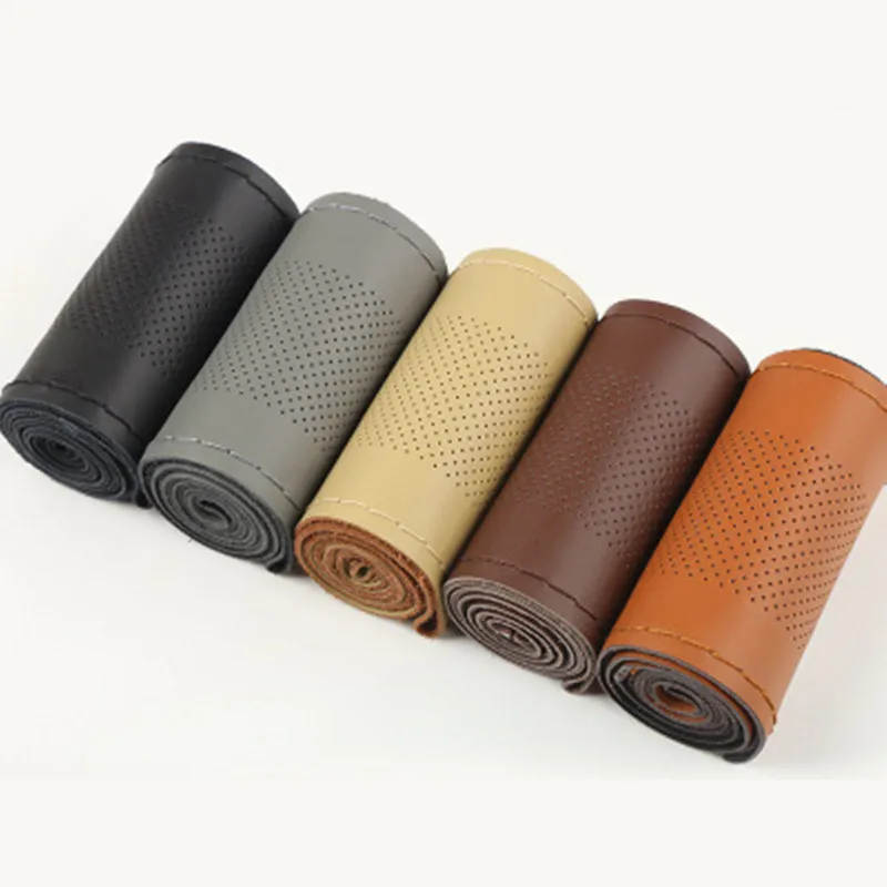

38cm Genuine Leather Steering Wheel Cover Breathable Anti-slip Sleeve Protector Car Braid Steering Wheel With Needle and Thread