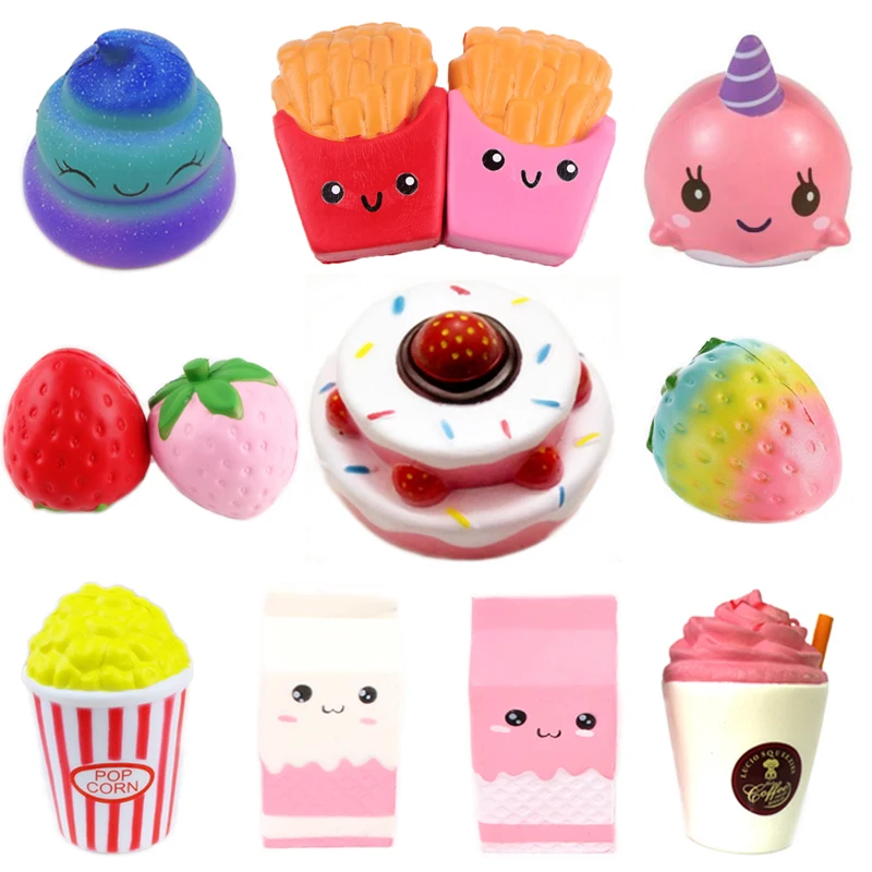 

10pcs/set Random Delivery Simulation Squeeze Toys French Fries Unicorn Whale Strawberry Cake Soft Slow Rising Squishy Gift #E