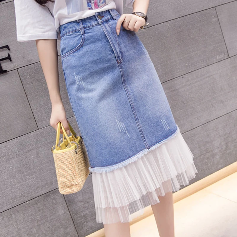 

Patchwork Denim Tulle Skirt Women Plus Size High Waist Skirts Summer Vintage Jean Skirt Ladies Saia Midi Faldas Mujer Moda