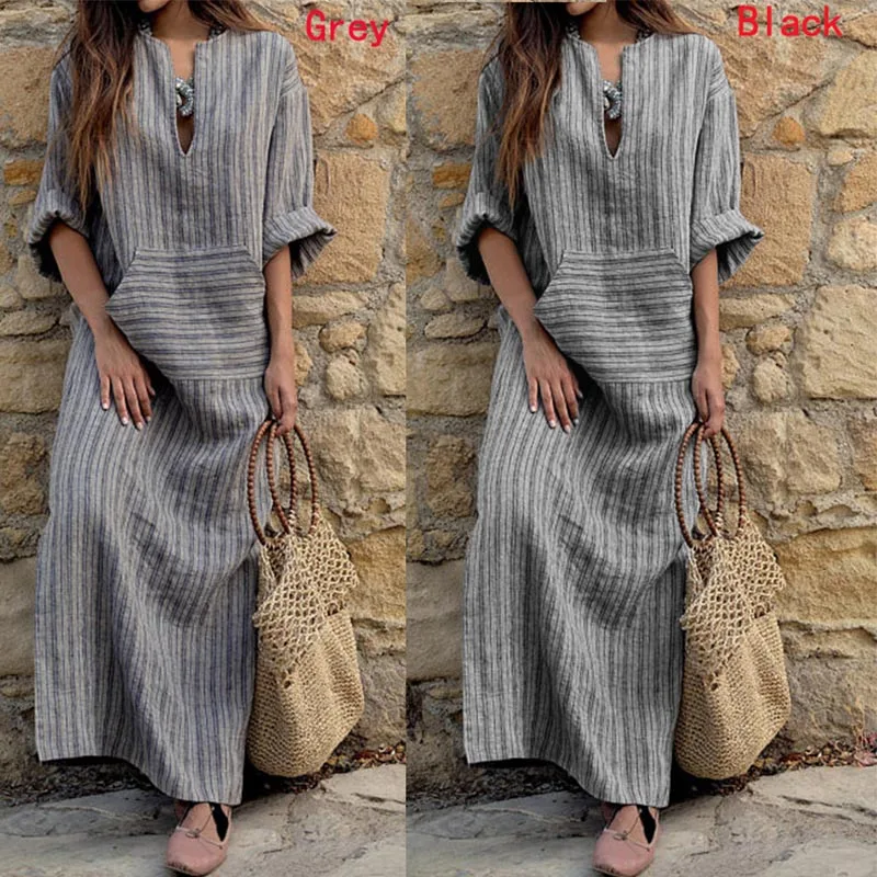 

2019 ZANZEA Fashion Autumn Spring Vintage Women Long Striped Dress V Neck Long Sleeve Loose Long Maxi Dress Vestidos Plus Size