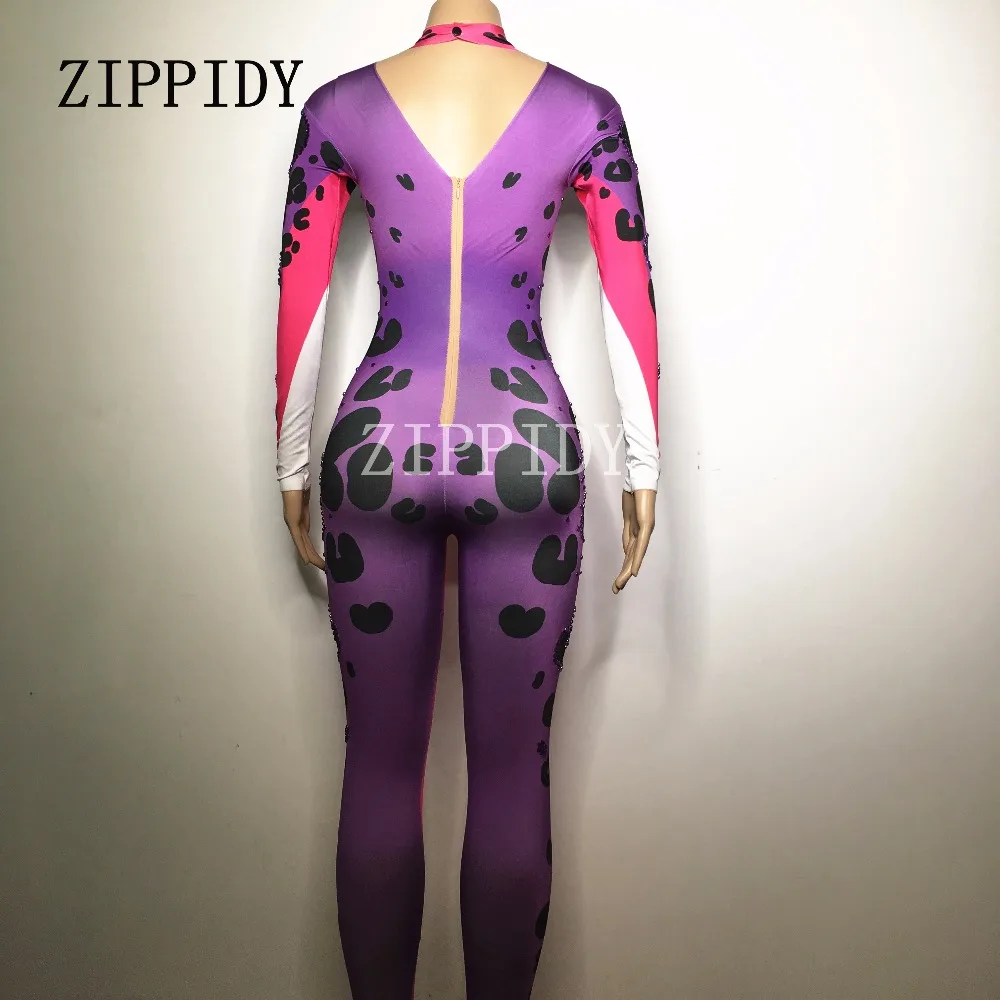 Женский леопардовый комбинезон с длинным рукавом и стразами|dancer wear|women singerrhinestone