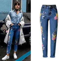 Винтаж Mom Jeans вышивка карманный дизайн цветочные вышитые джинсы брюки для Для женщин Дамы бойфренд, с высокой талией джинсовые брюки