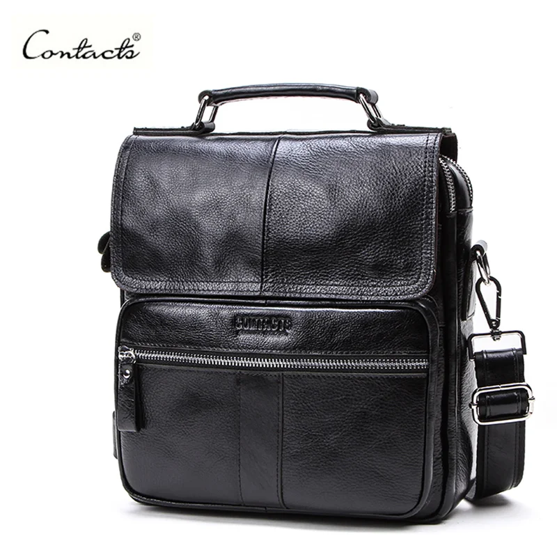 

CONTACT'S Genuine Leather Men Messenger Bags With Zipper Pocket High Quality Shoulder Bag Soft Crossbody Bags For 9.7inch iPad