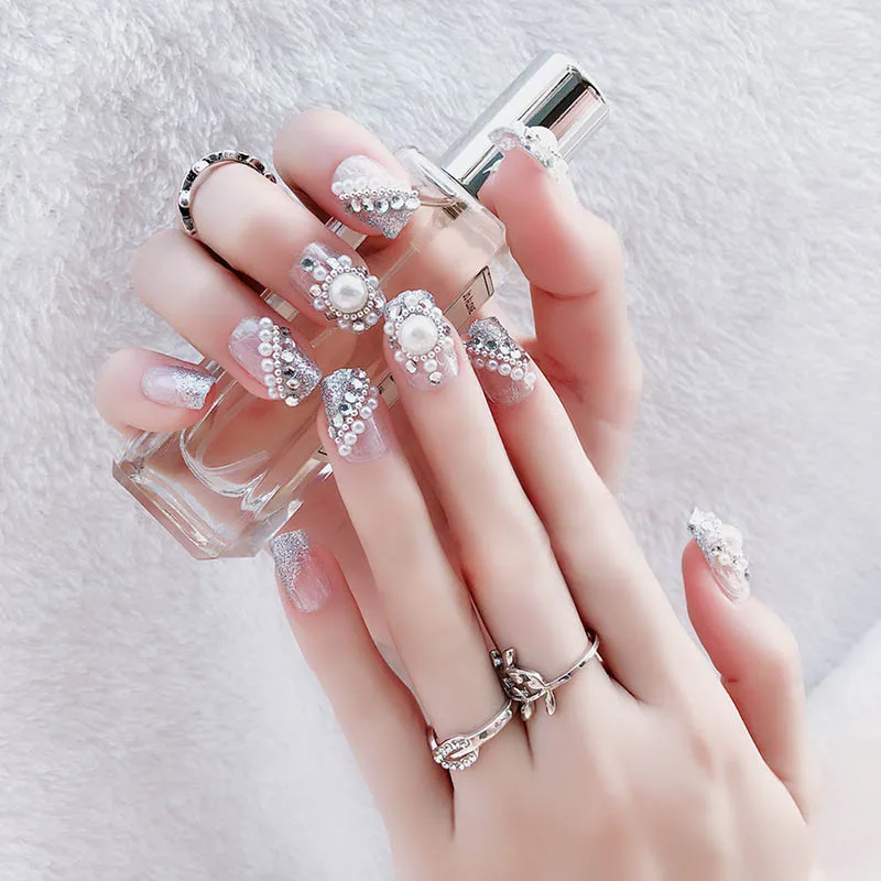 

Girls Fashion DIY Artificial Nails 3D Simulation Pearl Nail Sticker False Nails White Color Nail Art Tips with Glue 24pcs/set