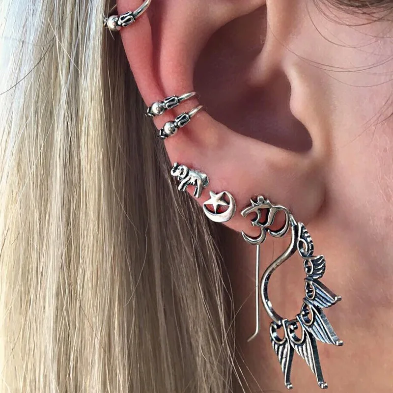 

70 Pcs/Set Antique Silver Color Star Moon Stud Earring Hollow Charm Cuff Clip Ear Elephant Earrings Set For Women Men Jewelry