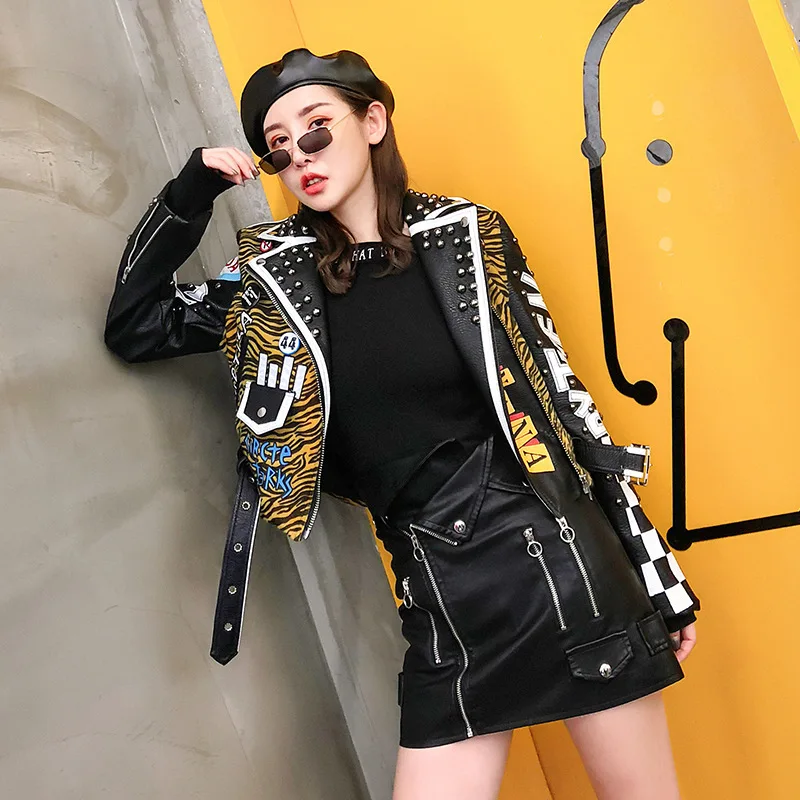 BONJEAN Casual Autumn Outerwear 2018 Rivet Decoration Black Jacket for Women Leopard Pattern PU Leather Jackets & Coats BJ183 BONJEAN Casual Autumn Outerwear 2018 Rivet Decoration Black Jacket for Women Leopard Pattern PU Leather Jackets & Coats BJ183
