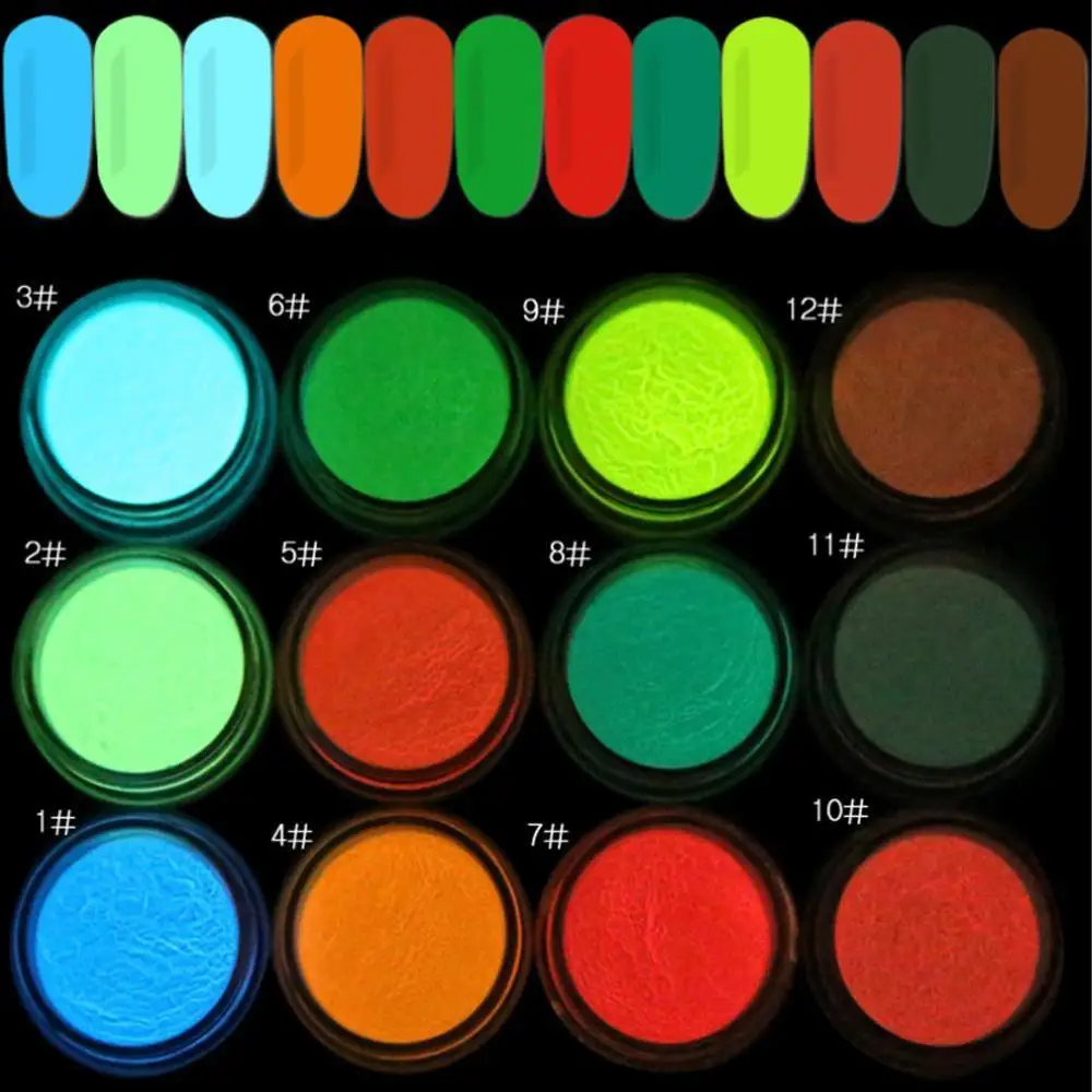 12 цветов/набор светящийся в темноте блеск ногтей фосфоресцирующий порошок светящийся флуоресцентный супер яркий порошок пигмент DIY ювелирные изделия