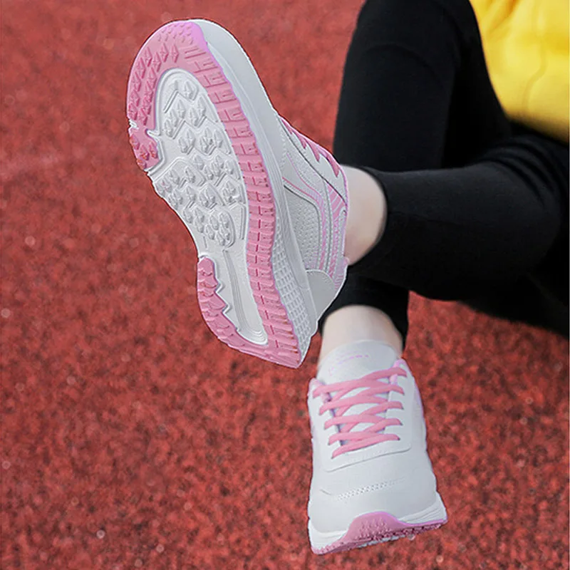 New All season Womens Leather Sneakers Light Non Slip Comfortable Lace up Running Shoes Woman EVA Sport Shoes Low Pink Purple 39