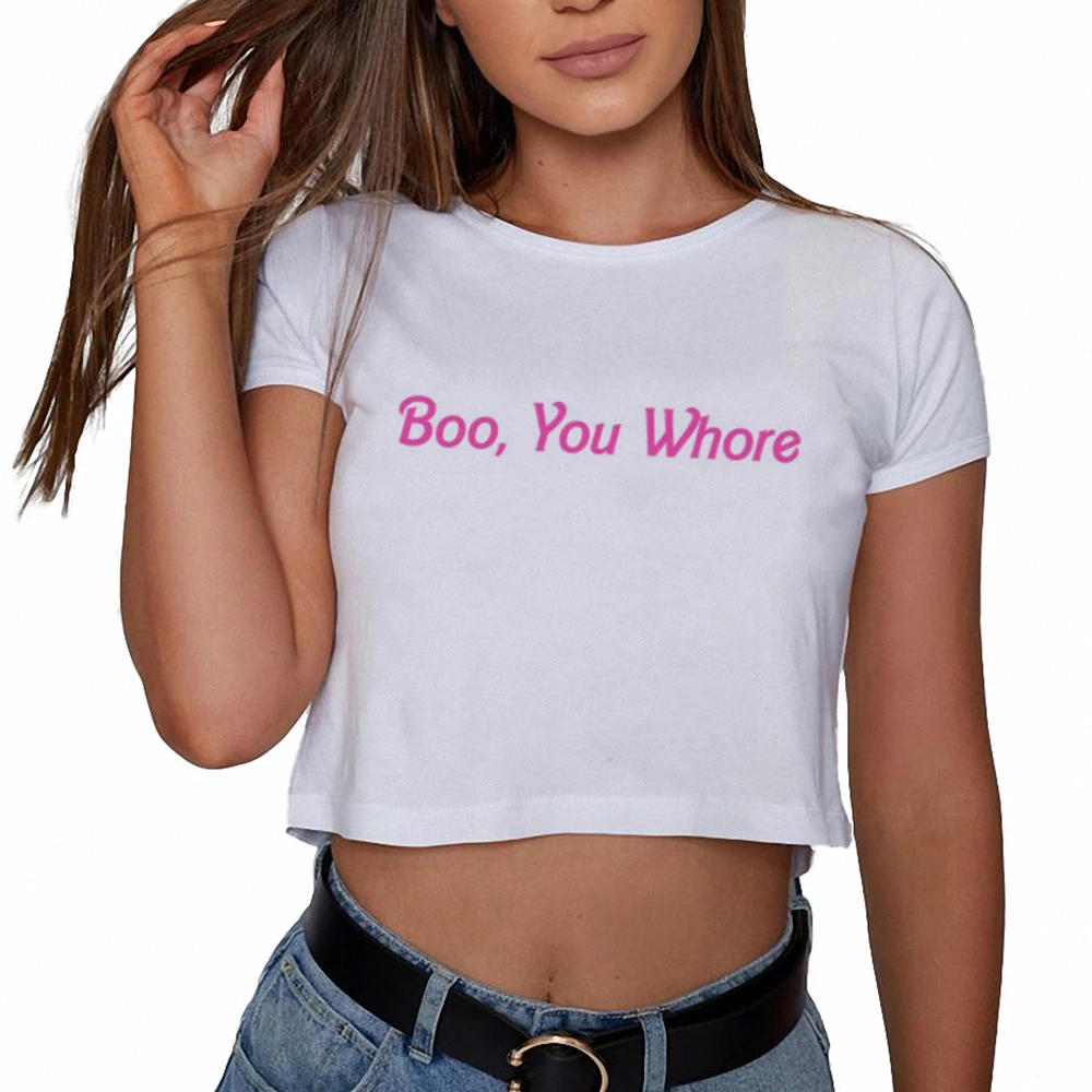 Новейшая мода Графический свободный кроп Топ Boo You шлюха Tumblr футболка Женские