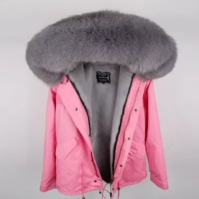 Новинка, Брендовое меховое пальто, парка, зимняя куртка, пальто, женская парка, настоящий большой воротник из лисьего меха, с капюшоном, с искусственным мехом, длинная верхняя одежда - Цвет: short pink gray fur