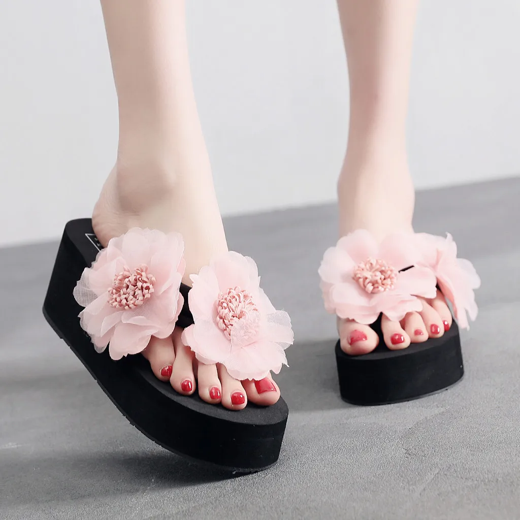 

2019 Summer Ladies New Slippers Shoes Women Flowers Wild Beach Slippers Fashion Wedges Thick Bottom Flip Flops Zapatos De Mujer