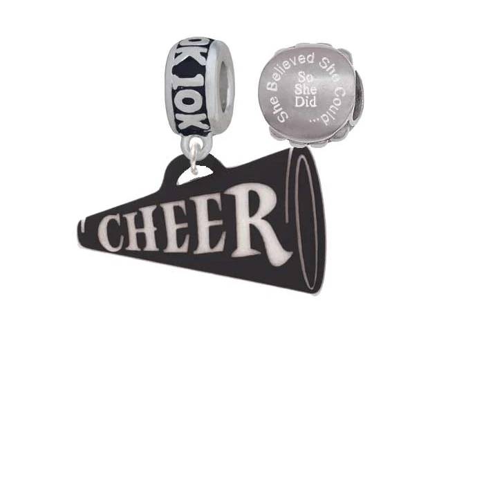 Acrylic 1.25 Black Cheer Megaphone 10K Run She Believed She Could Charm Beads (Set of 2)