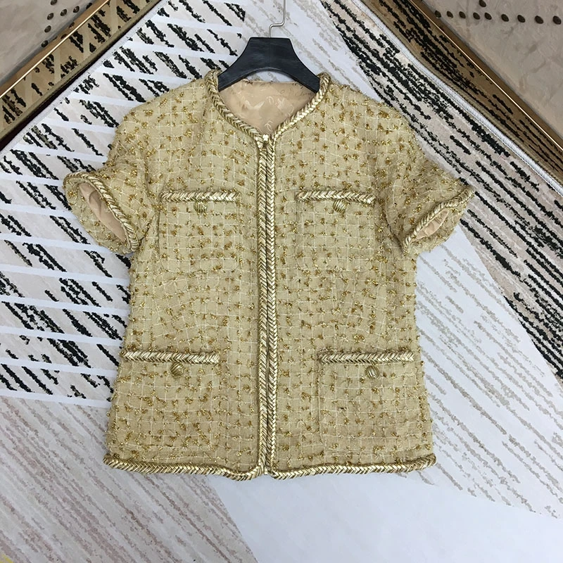 

2019 Runway Design High End All Matching Tweed Lady Suit Coat Top Golden Silk Weaving Patchwork Niche Chic Women's Coat