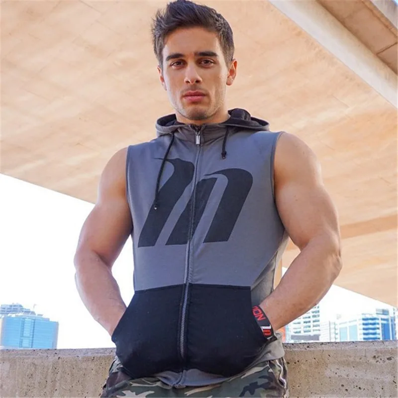 

2019 Summer new leisure fitness sports vest for men zipper access control hoodies cotton loose breathable sleeveless vest