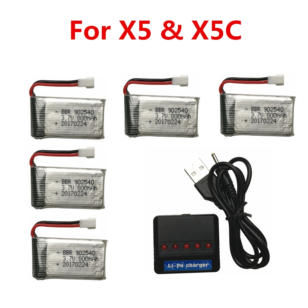 

5Pcs 3.7V 800mAh Battery + 5 in 1 USB Charger for Syma X5 X5C X5SW X5SC MJX X705C SG600 RC Drone Quadcopter Spare Battery Part