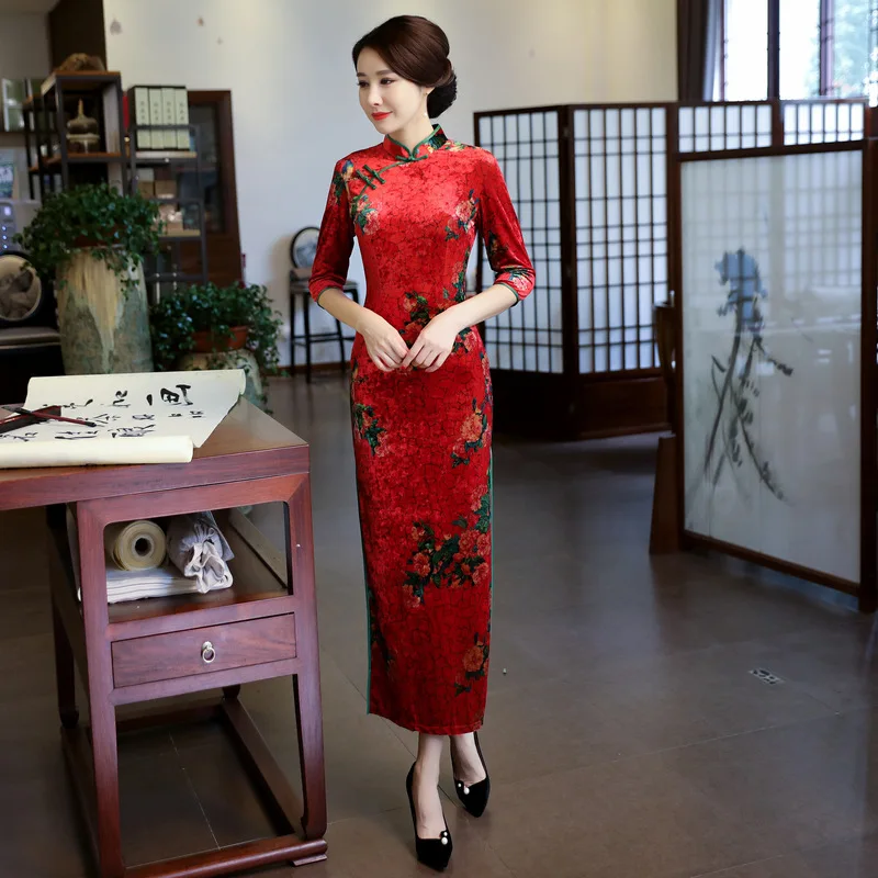 Зеленый зима/весна Cheongsam Qipao женское бархатное длинное платье китайское традиционное платье с коротким рукавом винтажные Cheongsams размер S-3XL