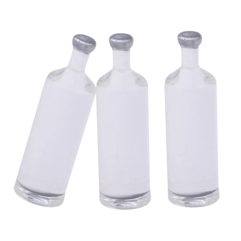 Three Bottles Of White  Wine Beer Bottles - Dollhouse Miniature 1/12 Scale Plastic PVC Dollhouse Miniatures Drink Bottle