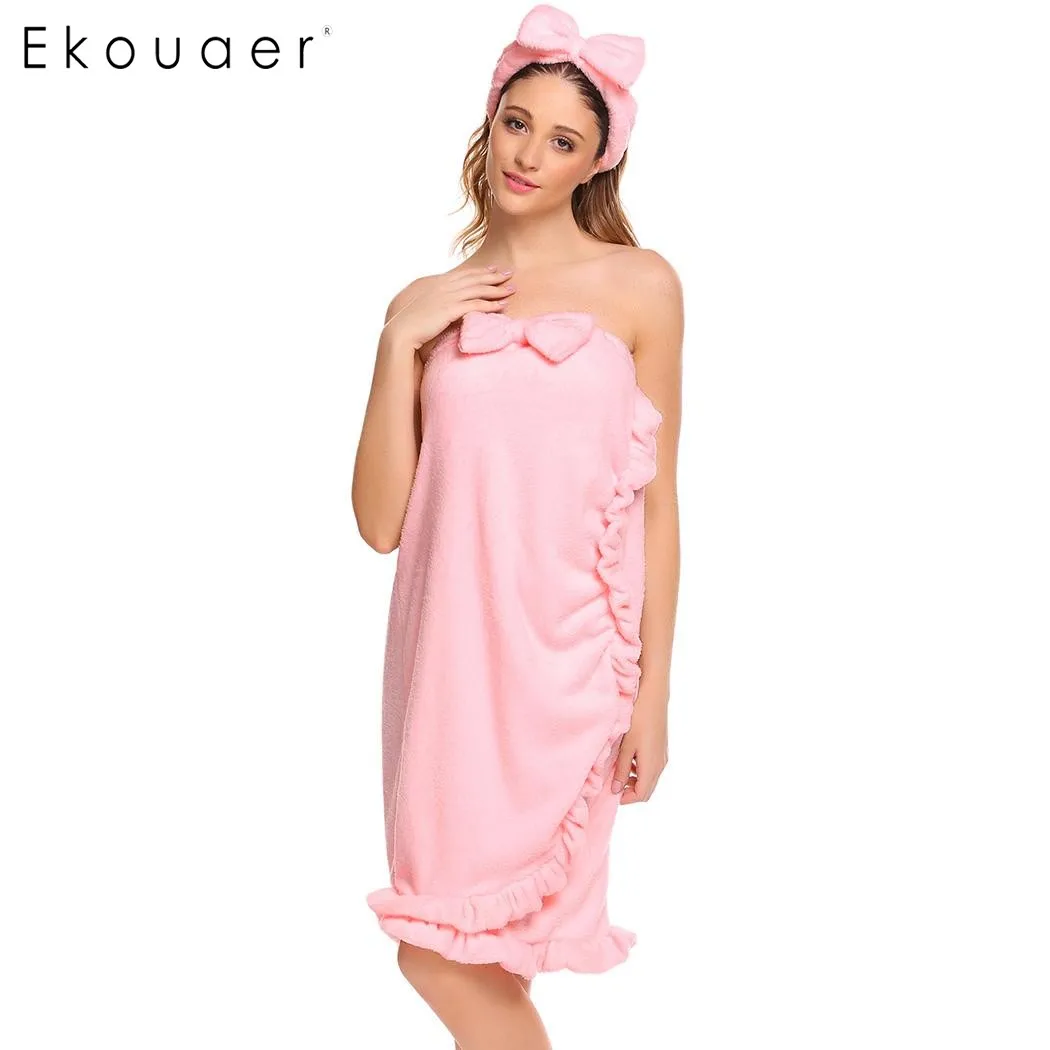 

Ekouaer Women Strapless Solid Fleece Robe Sleepwear Wrap Vintage Nightdress Bathrobe With Head-wear Spa Robes Female Nightwear