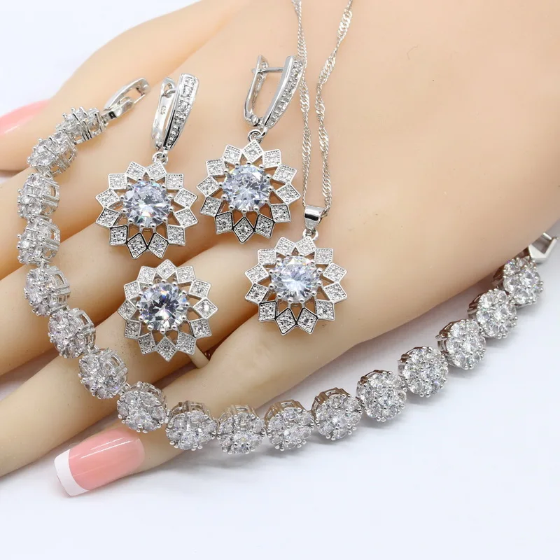 

2018 Summer New White Zirconia 925 Silver Bridal Jewelry Sets For Women Necklace Pendant Earrings Rings Bracelets