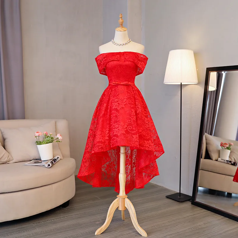 

Real Photo In Stok Red Lace Boat Neck Hijab Evening Dresses Front Short Long Back Vestido De Renda Rosa Evening Dress Short