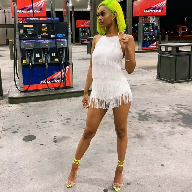 

Women cover up beachwear Tassel Halter Strap Backless Sexy Bodycon Party Dress Off Shoulder Sleeveless Bandage Fringe Dress