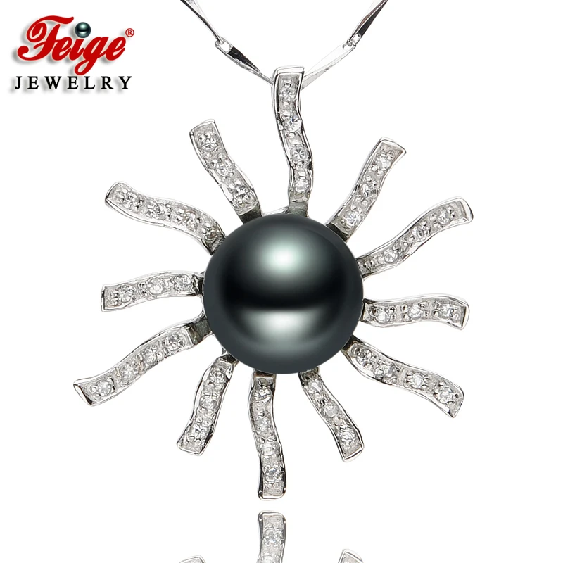 

Flower-shaped Genuine 925 Silver Big Pendant Necklaces For Women's 10-11mm Black Freshwater Pearls Fine Jewelry By FEIGE
