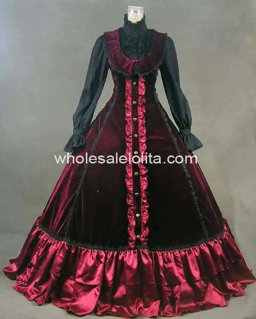 Готический бордовый Pleuche и атлас исторические викторианской наряд воспроизведение костюм