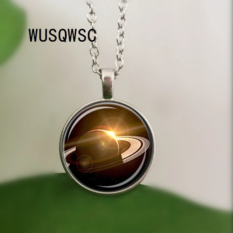

WUSQWSC Wholesale Art Style Photo Necklace Glass Cabochon Planet Saturn Vintage Space UFO Pendant Charm Necklaces