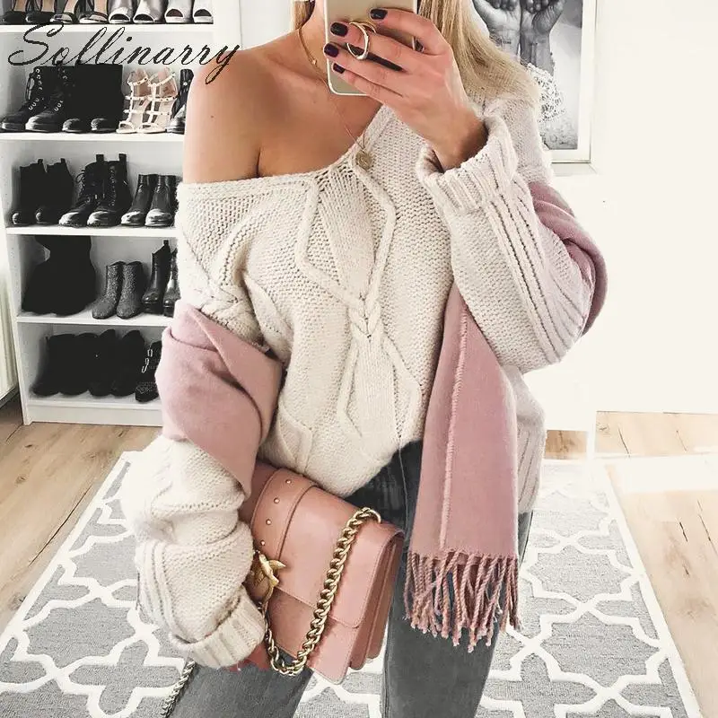 

Sollinarry Off Shoulder Women Winter Sweater Pullover Deep V Neck Sexy Knitted Autumn Sweaters Female Loose Fashion Jumpers Chic