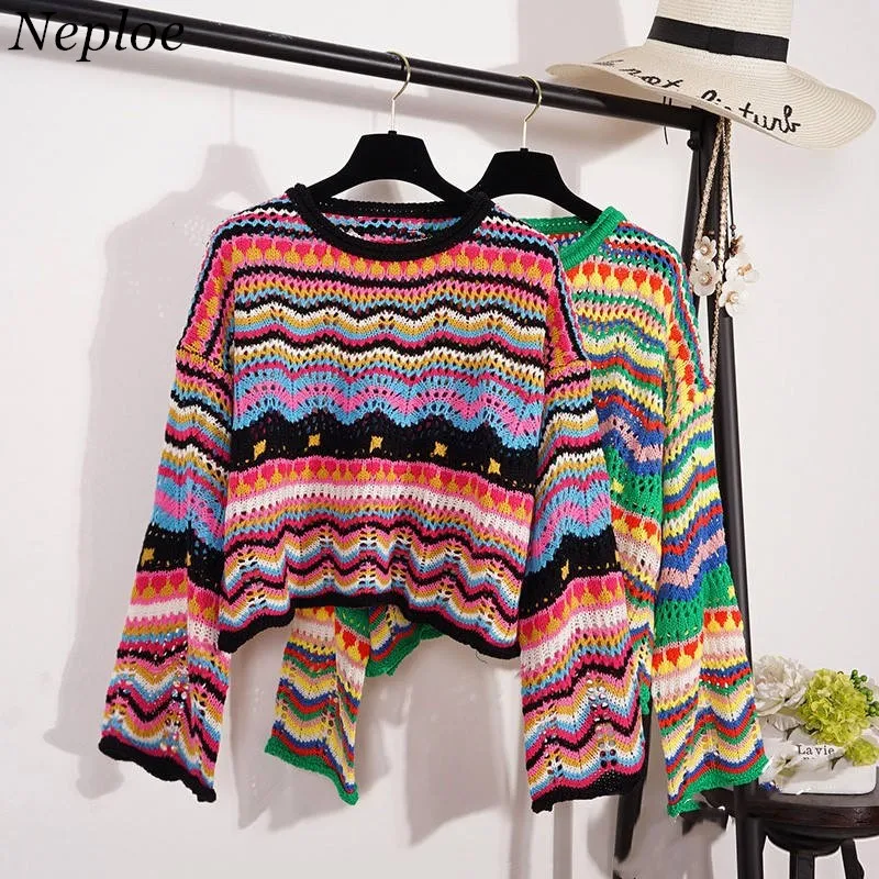 

Neploe Hollow-out Sweater Women Causal Clothes New Contrast Color Stripe Knit Pullover Long Sleeve O-neck Short Jumper Top 51691