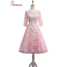 Pink Short Evening Dress Tulle Lace Appliqued Long Sleeves Tea-Length Abendkleider 2017 Lace Up Wedding Prom Party Dresses цена Pink Short Evening Dress Tulle Lace Appliqued Long Sleeves Tea-Length Abendkleider 2017 Lace Up Wedding Prom Party Dresses цены онлайн
